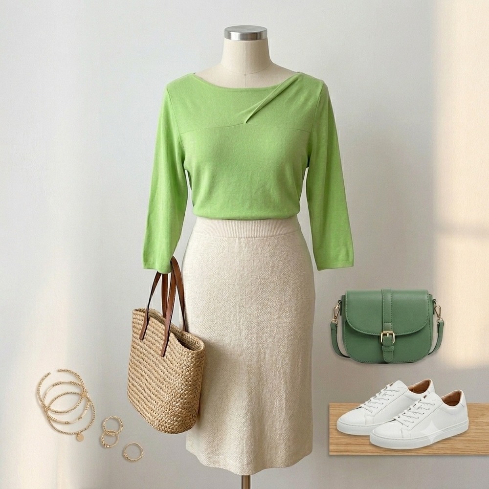 Vintage Knit Top Women XL Green Asymmetrical Neck 3/4 Sleeve Minimalist Preppy
